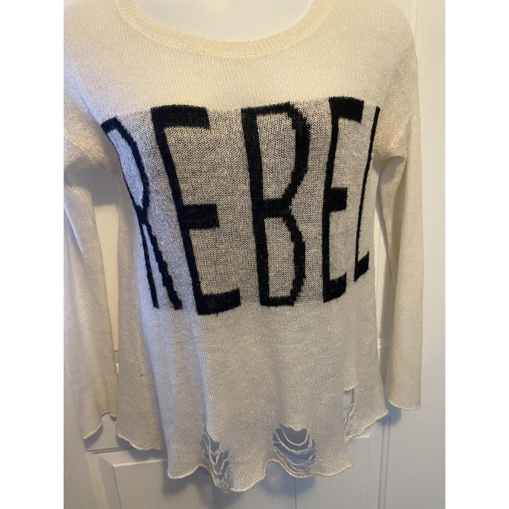 AQUA Women’s Sweater Shirt Sz Medium REBEL Black Ivory Cutout Grunge Boho Biker‎ - Picture 4 of 7
